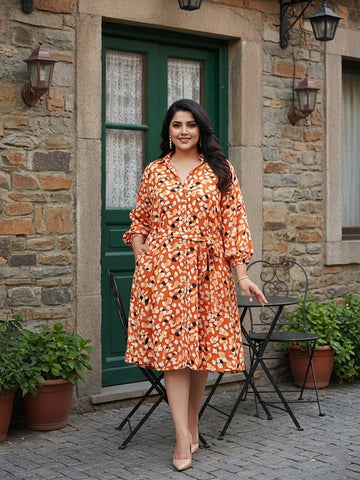 Orange Abstract Print Moss Crepe Shirt Dress