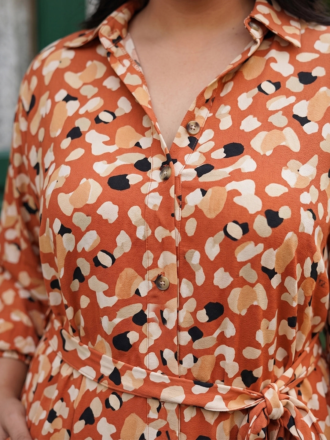 Orange Abstract Print Moss Crepe Shirt Dress