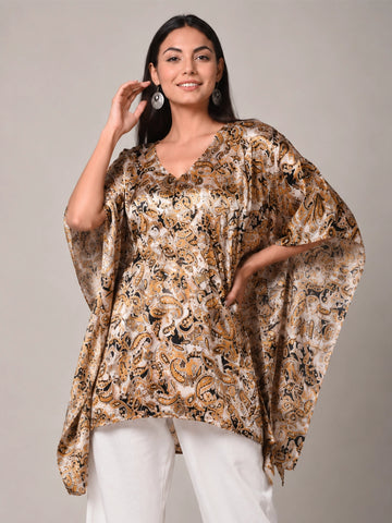 Paisley Print Satin Asymmetrical Hemline Kaftan