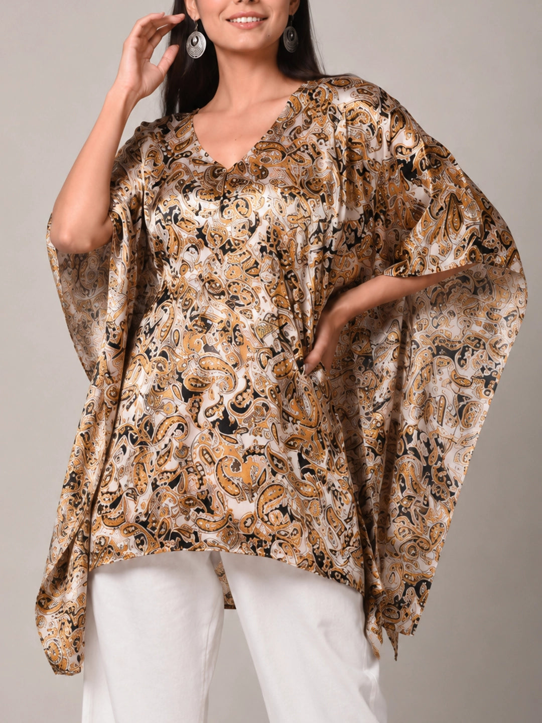 Paisley Print Satin Asymmetrical Hemline Kaftan