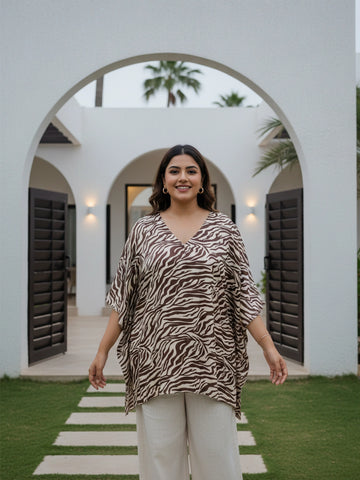 Brown Zebra Print Satin Asymmetrical Hemline Kaftan
