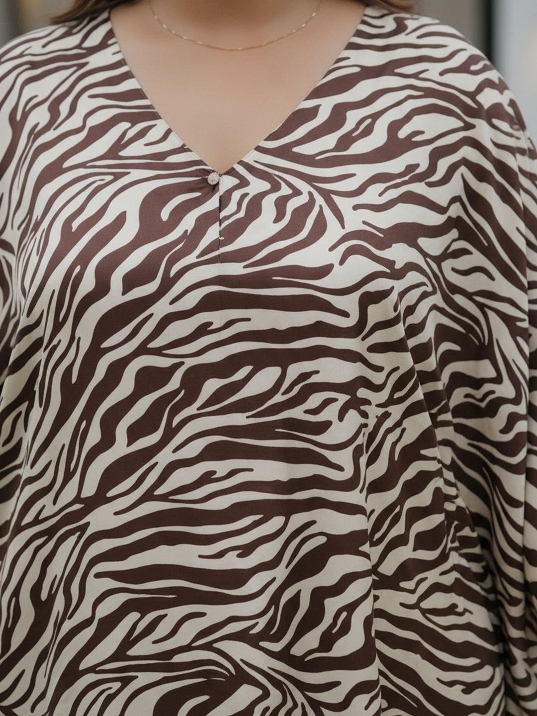 Brown Zebra Print Satin Asymmetrical Hemline Kaftan