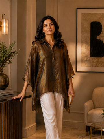 Brown Organza Half Placket Asymmetrical Hemline Kaftan