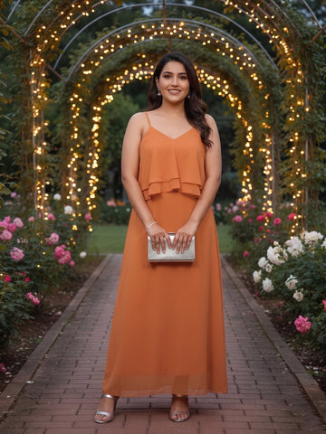Orange Georgette V Neck Ruffle Dress