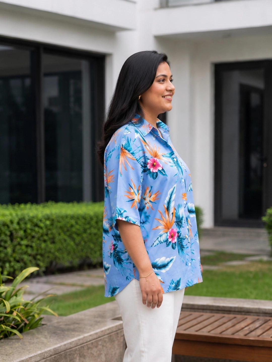 blue; orange 3 crepe shirt — back view