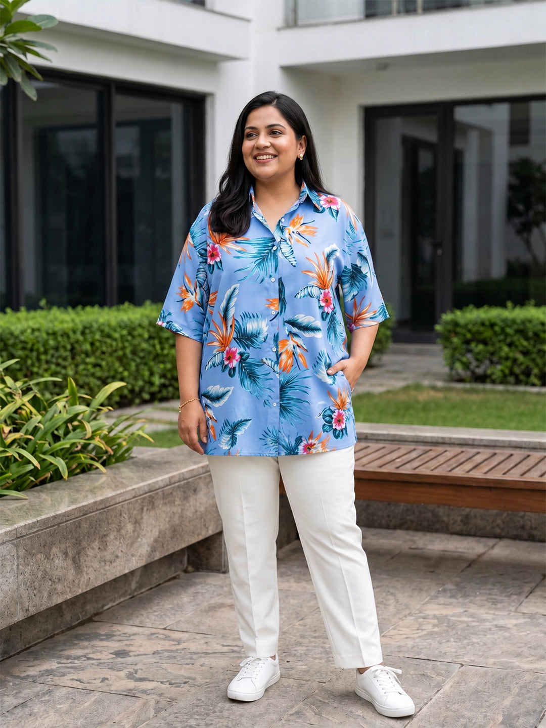 blue; orange 3 crepe shirt — styled look