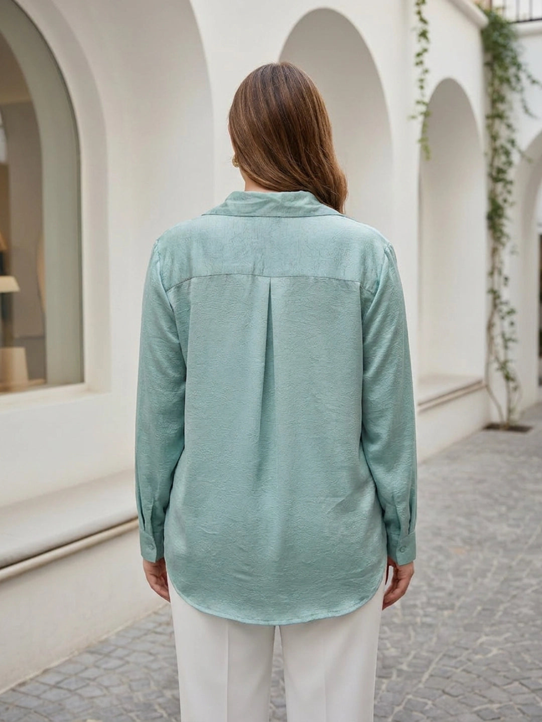 green 3 satin shirt — close-up detail