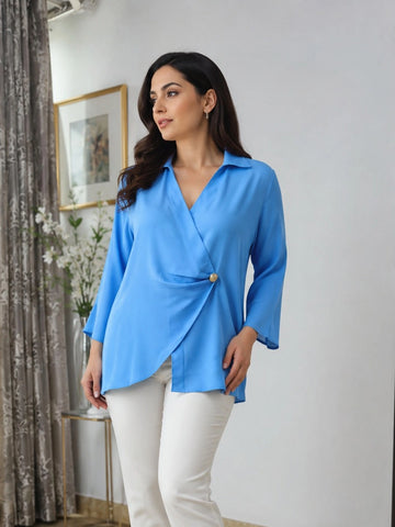 Blue twist-detail wrap top
