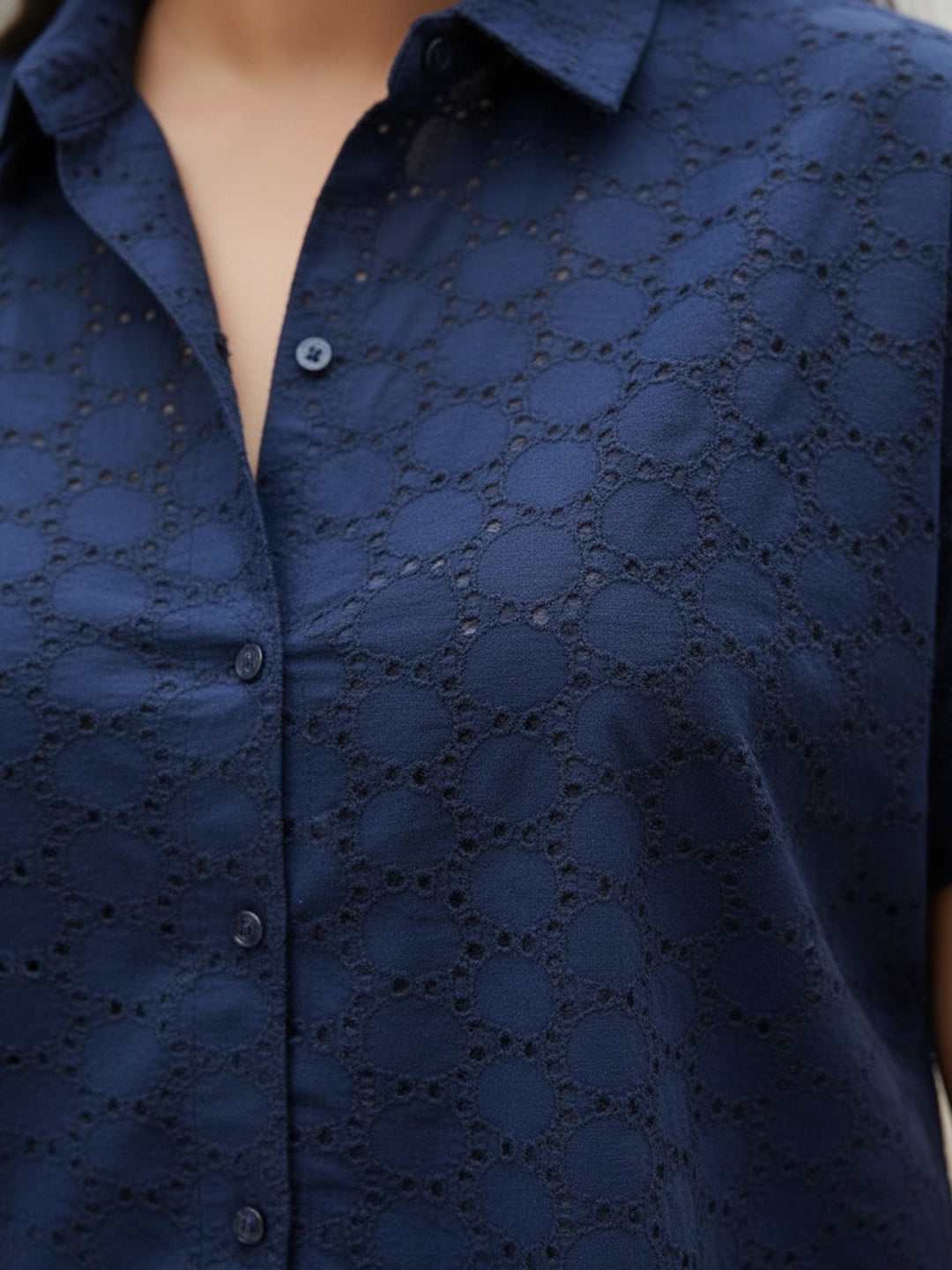 navy cotton shirt — side view