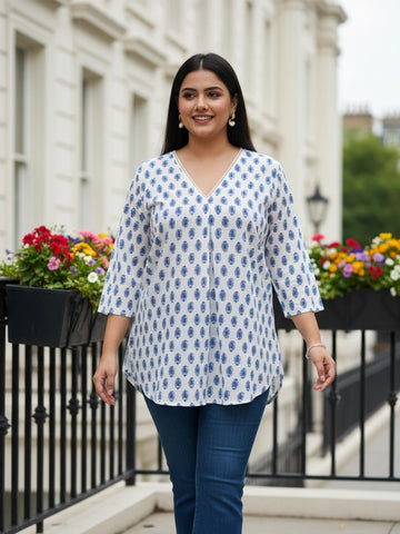 White & Blue Block print top