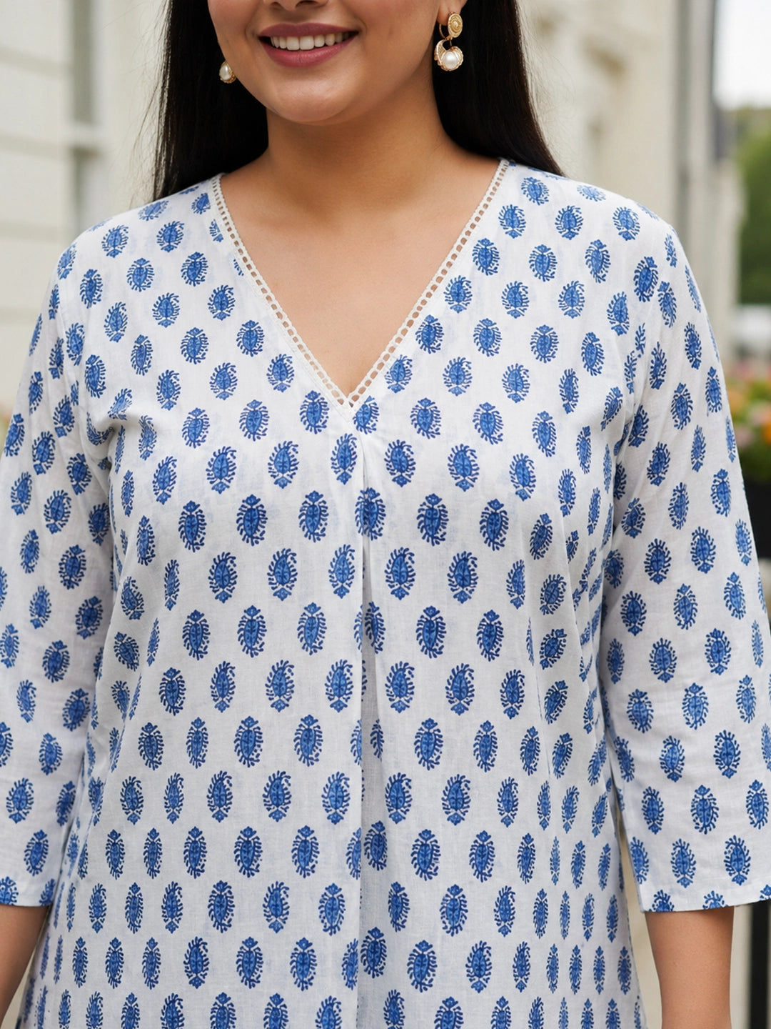 White & Blue Block print top