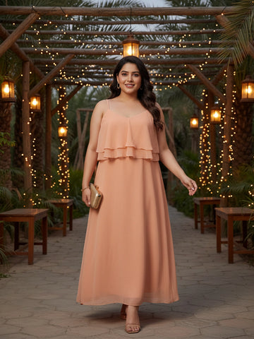 Light peach georgette v neck ruffle dress
