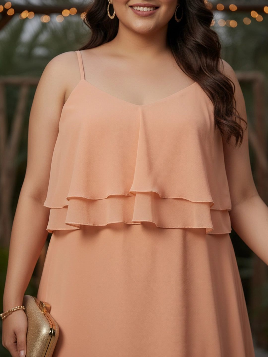 Light peach georgette v neck ruffle dress