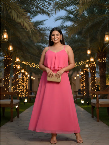 Fushcia pink georgette v neck ruffle dress