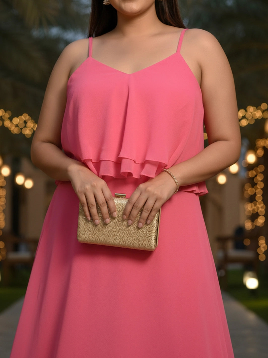 Fushcia pink georgette v neck ruffle dress