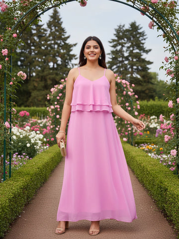 Pink georgette v neck ruffle dress