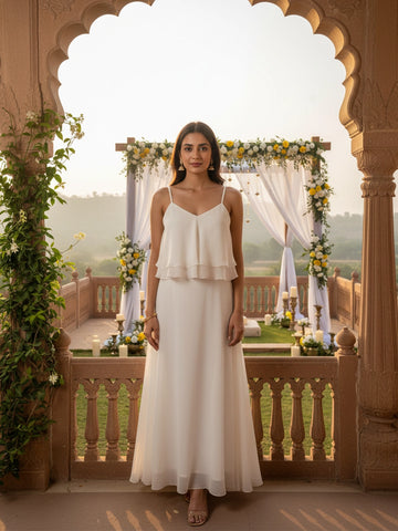 Ivory georgette v neck ruffle dress