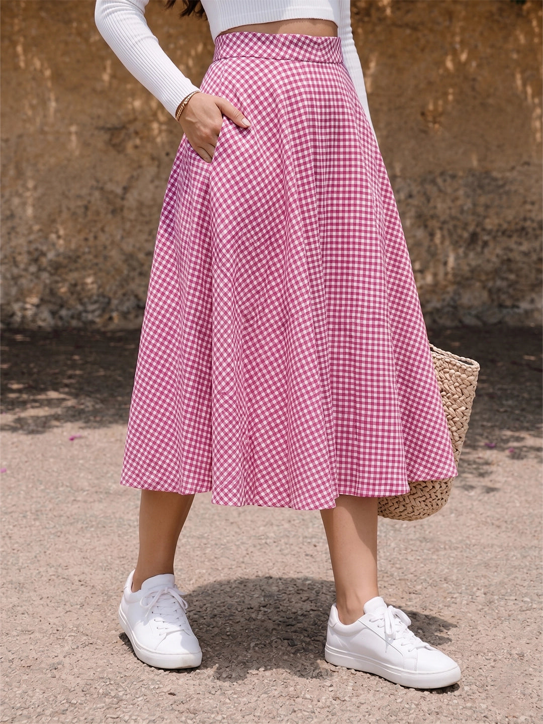 Pink gingham cotton skirt