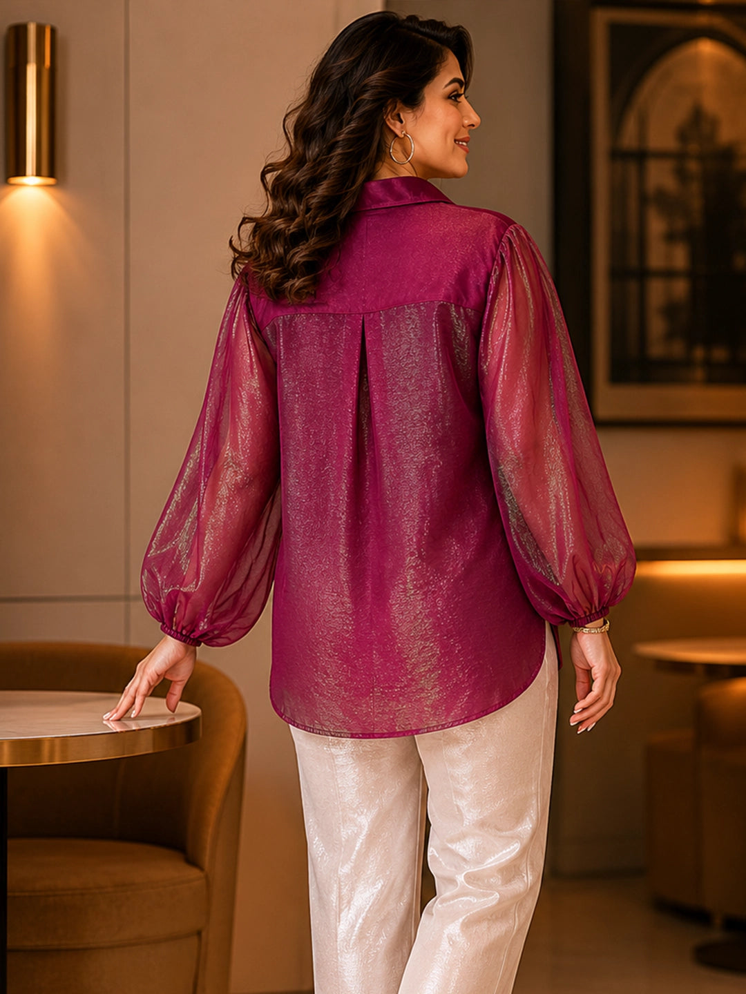 burgundy; green 3 organza shirt — close-up detail