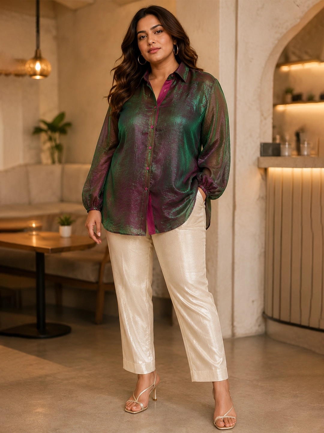 burgundy; green 3 organza shirt — styled look