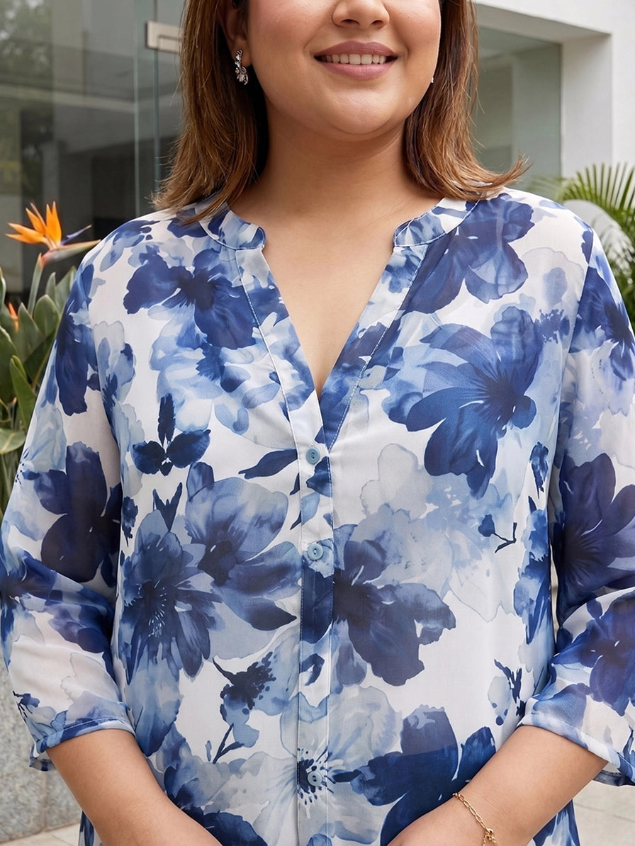 Mandarin Collar Half Placket Georgette Shirt
