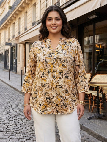 beige paisley satin shirt for women in sizes XXS to 5XL