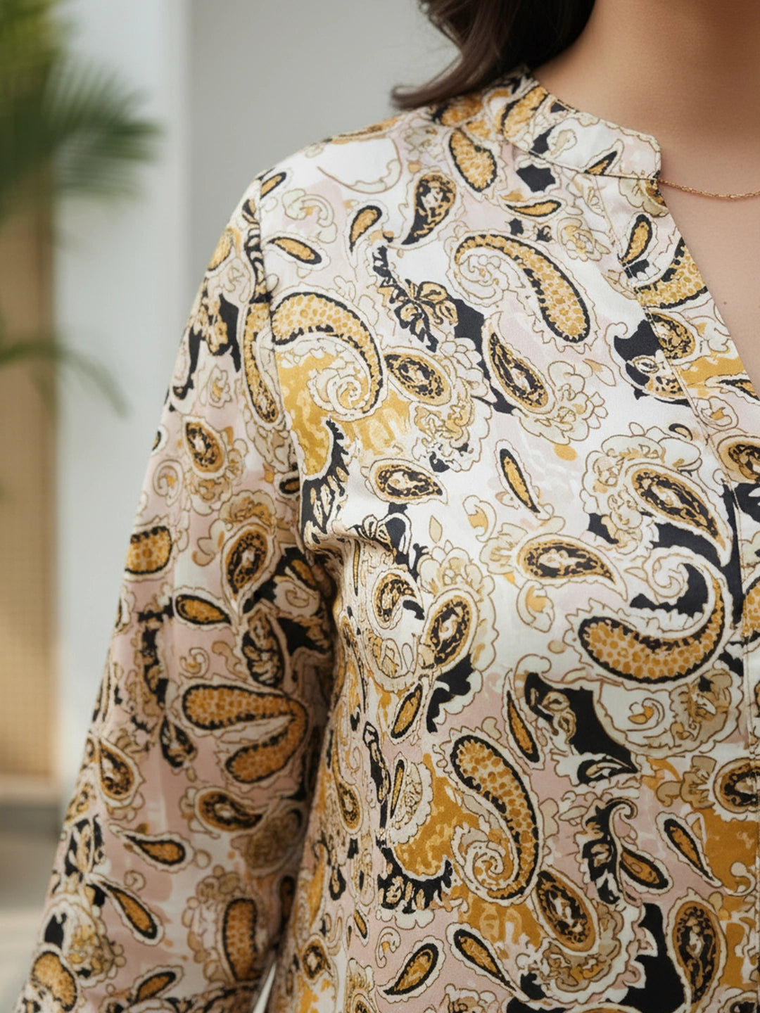 Mandarin Collar Half Placket Satin Shirt