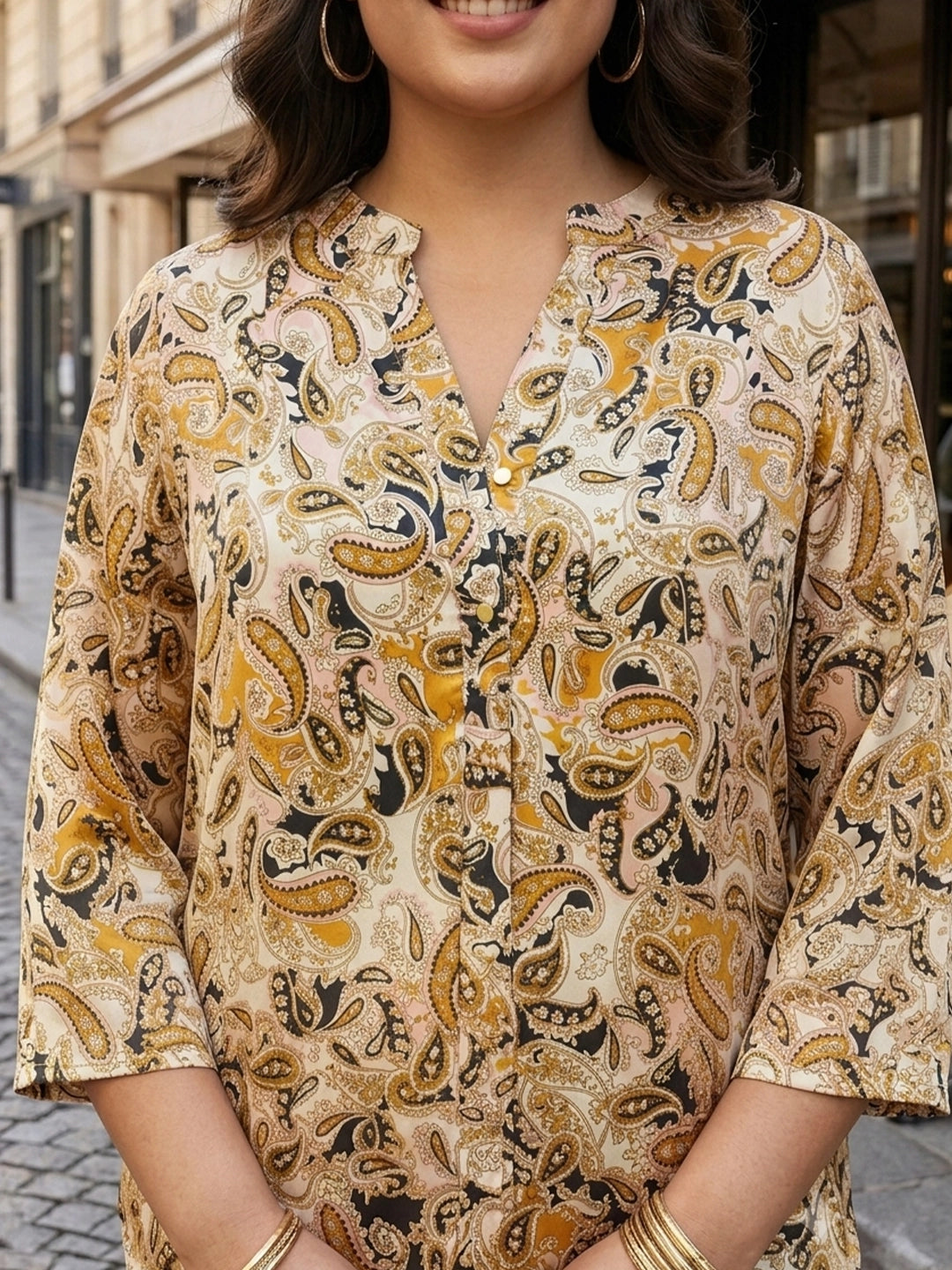 beige paisley satin shirt — side view