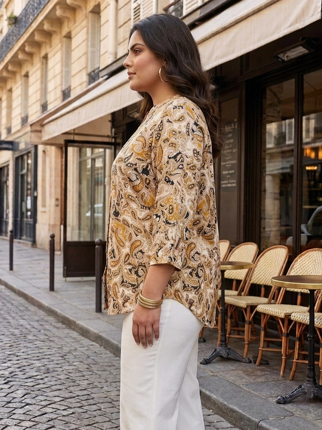 beige paisley satin shirt — back view