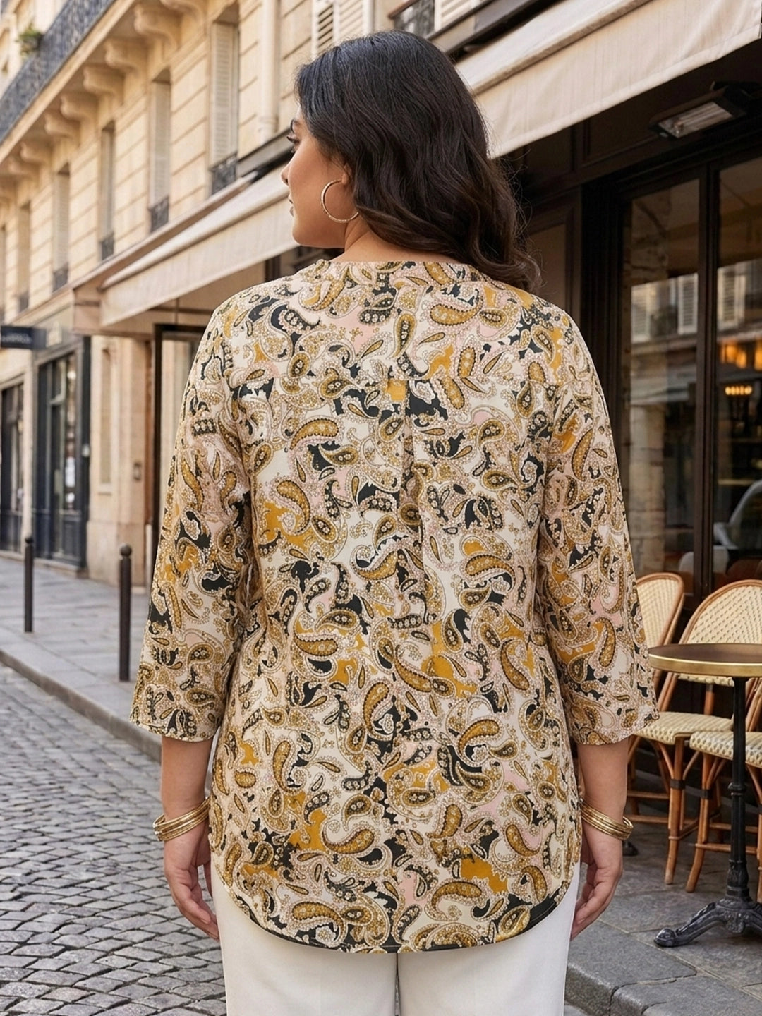 beige paisley satin shirt — close-up detail