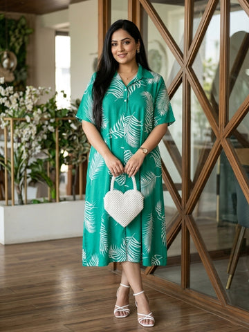 Tropical Print Half Placket Rayon Dress