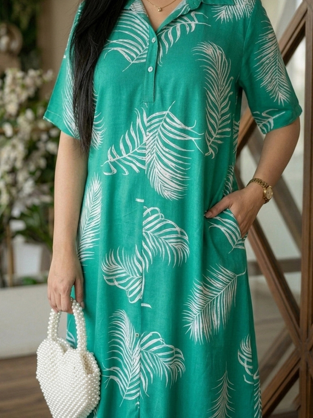 Tropical Print Half Placket Rayon Dress