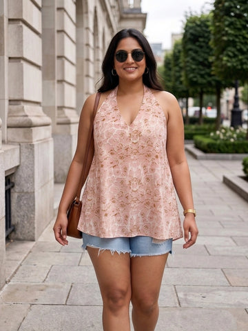 Printed cotton halter neck top