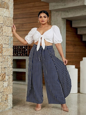 Navy Stripe Crepe Wrap Around Palazzo