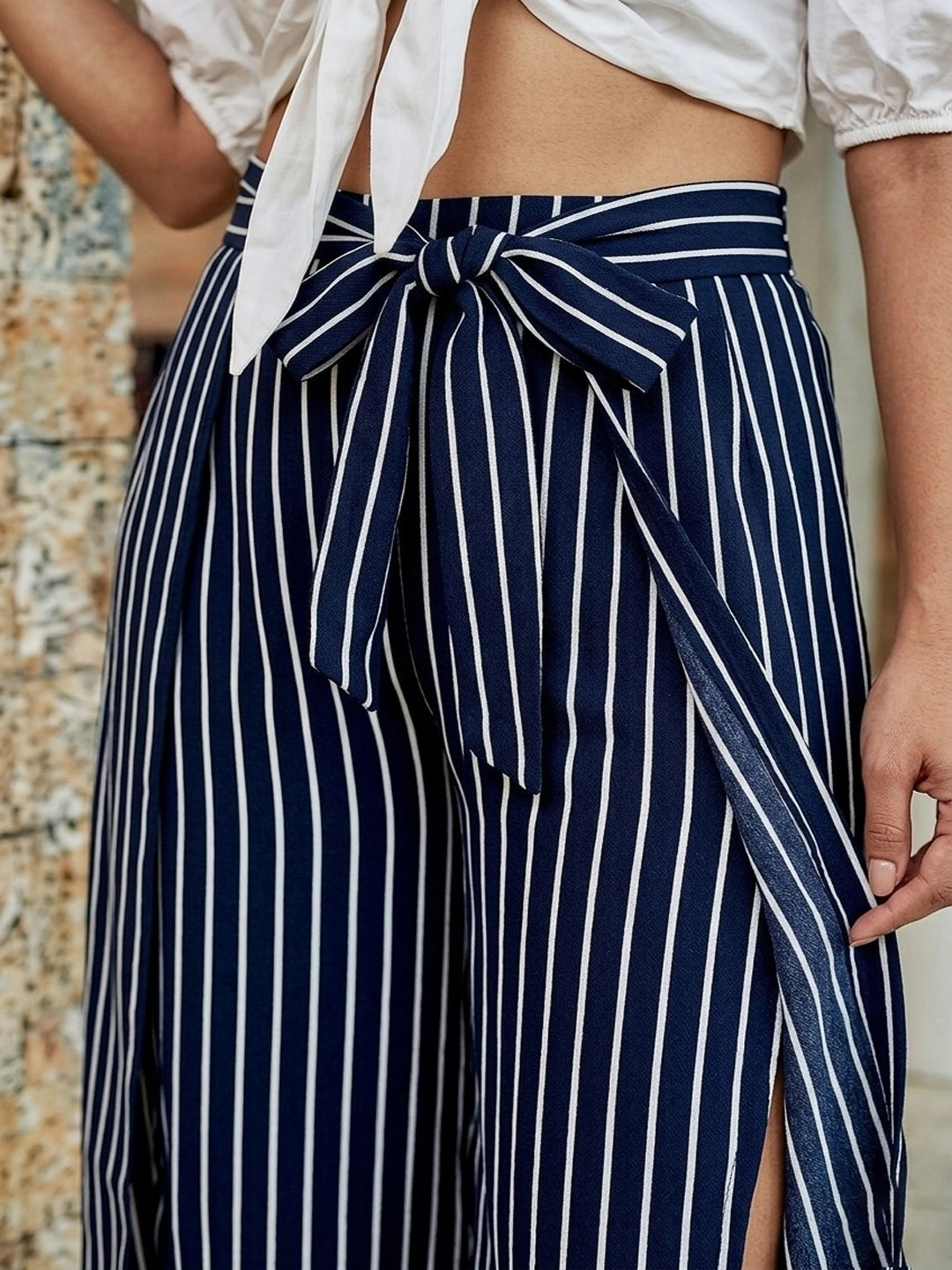 Navy Stripe Crepe Wrap Around Palazzo