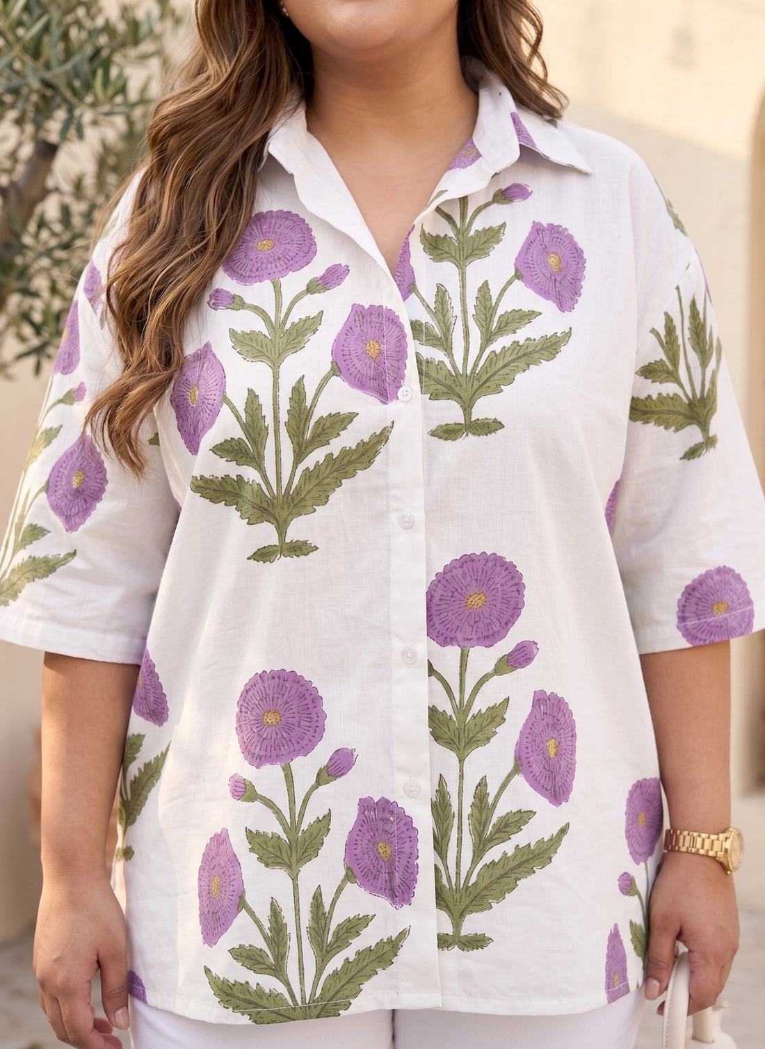 Purple Floral Drop Shoulder Cotton Shirt