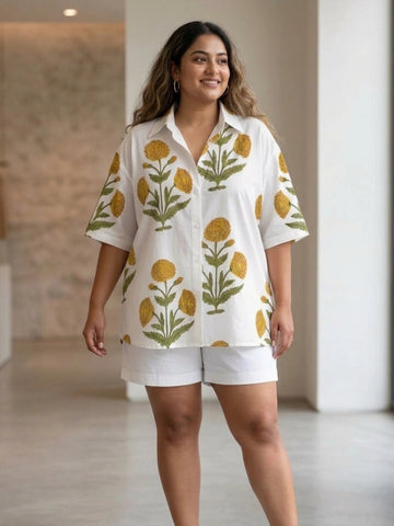Mustard Floral Drop Shoulder Cotton Shirt