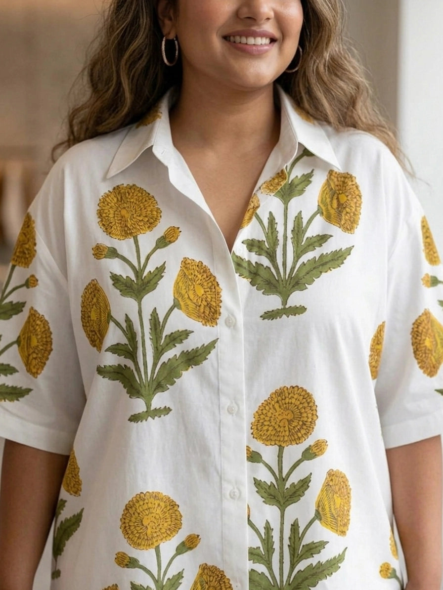 Mustard Floral Drop Shoulder Cotton Shirt