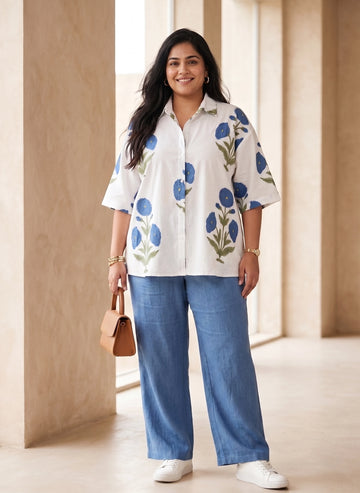 Blue Floral Drop Shoulder Cotton Shirt