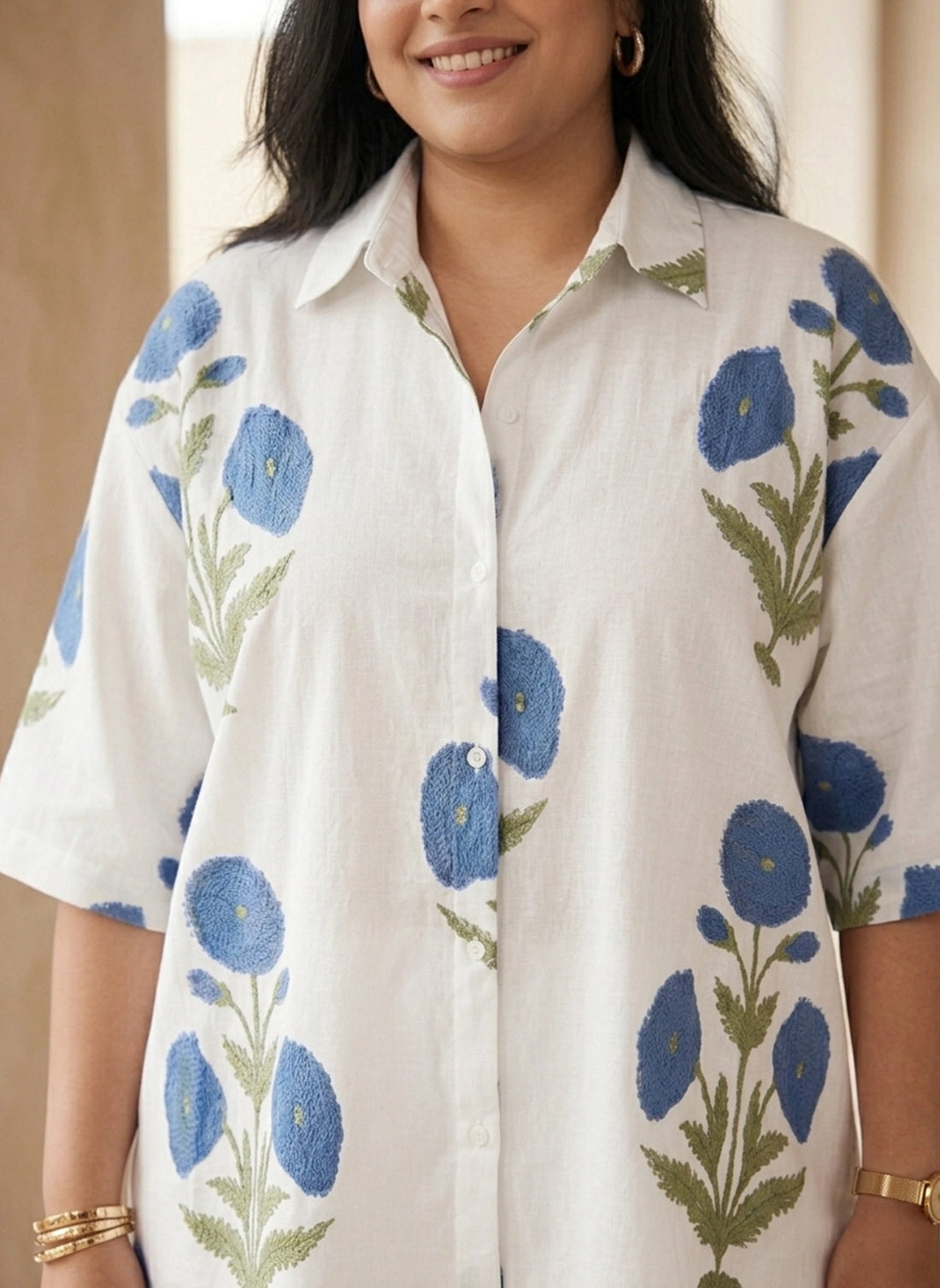 Blue Floral Drop Shoulder Cotton Shirt