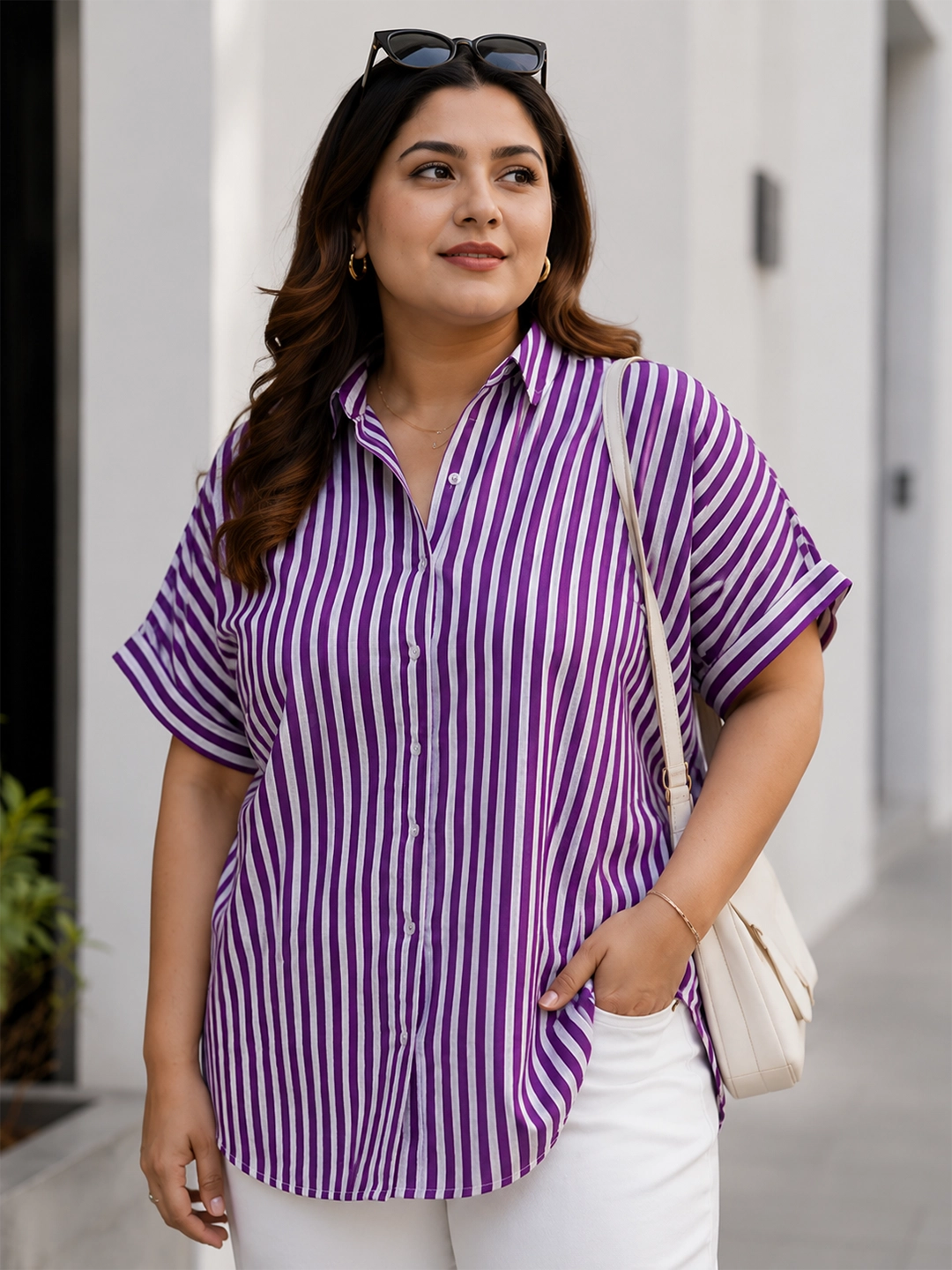purple stripe cotton shirt — side view