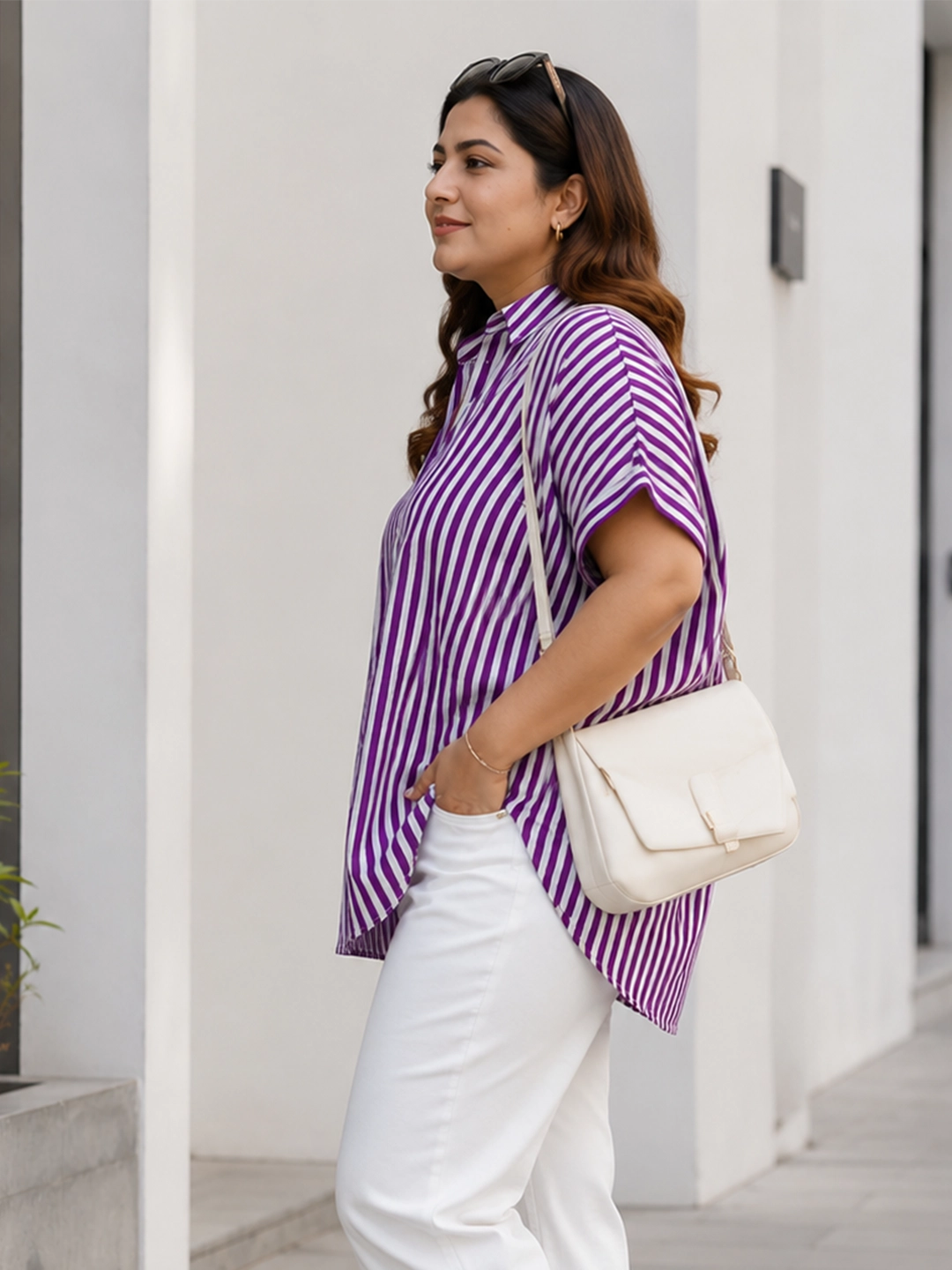 purple stripe cotton shirt — back view