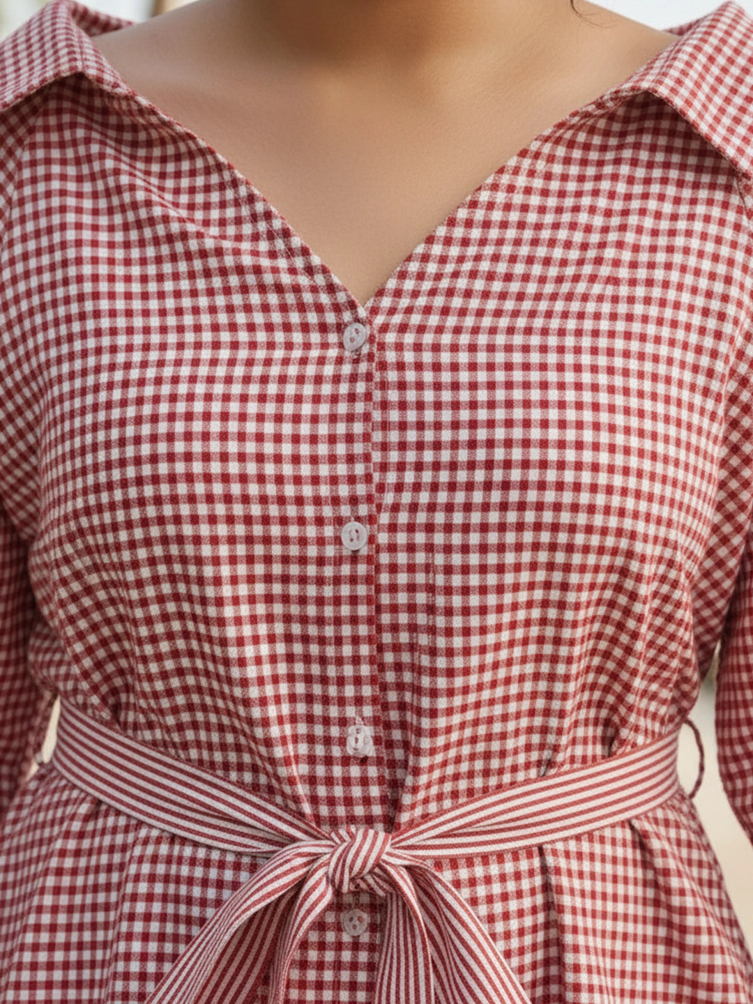 Red gingham wide collared dress with belt