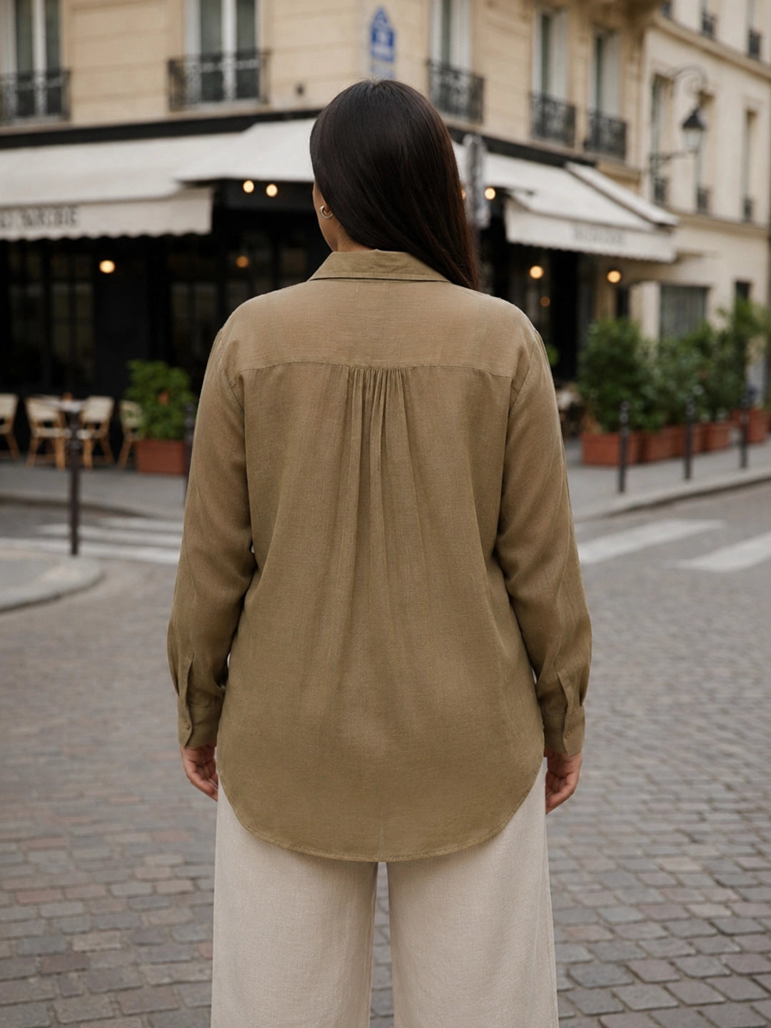 olive cotton shirt — close-up detail