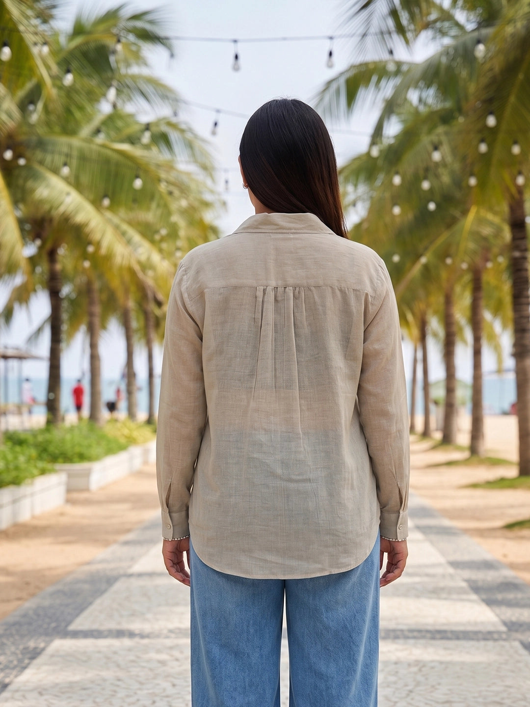 beige cotton shirt — close-up detail