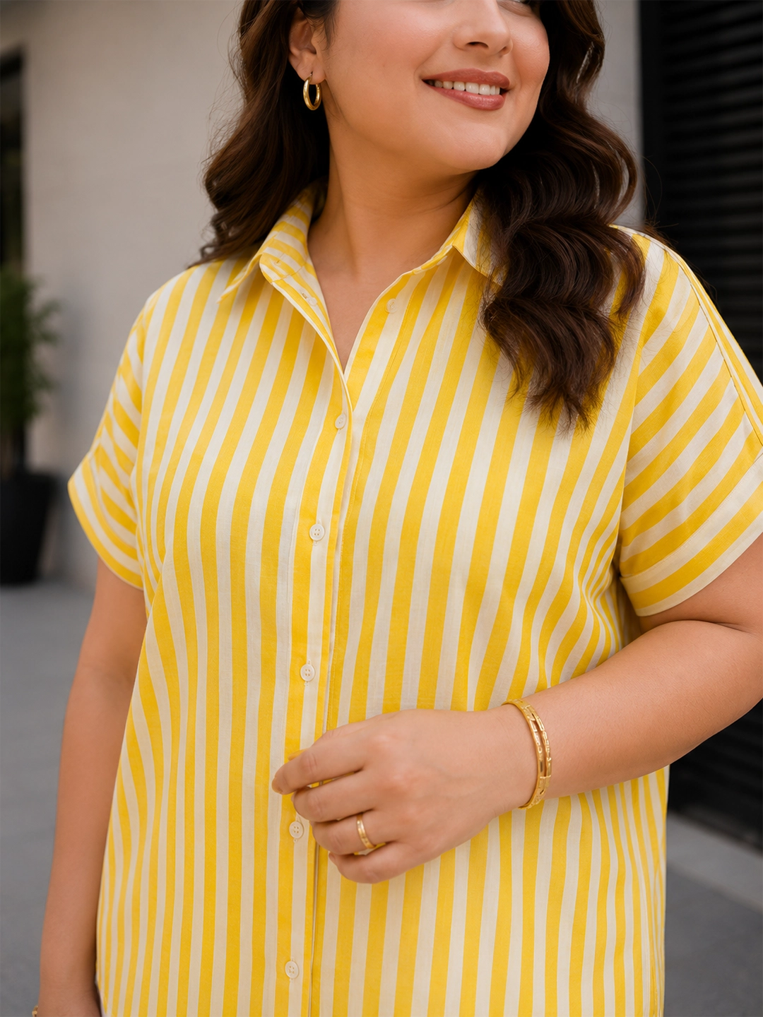 Yellow cotton stripe drop shoulder shirt