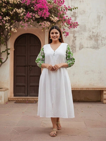A-Line cotton dress with printed sleeves