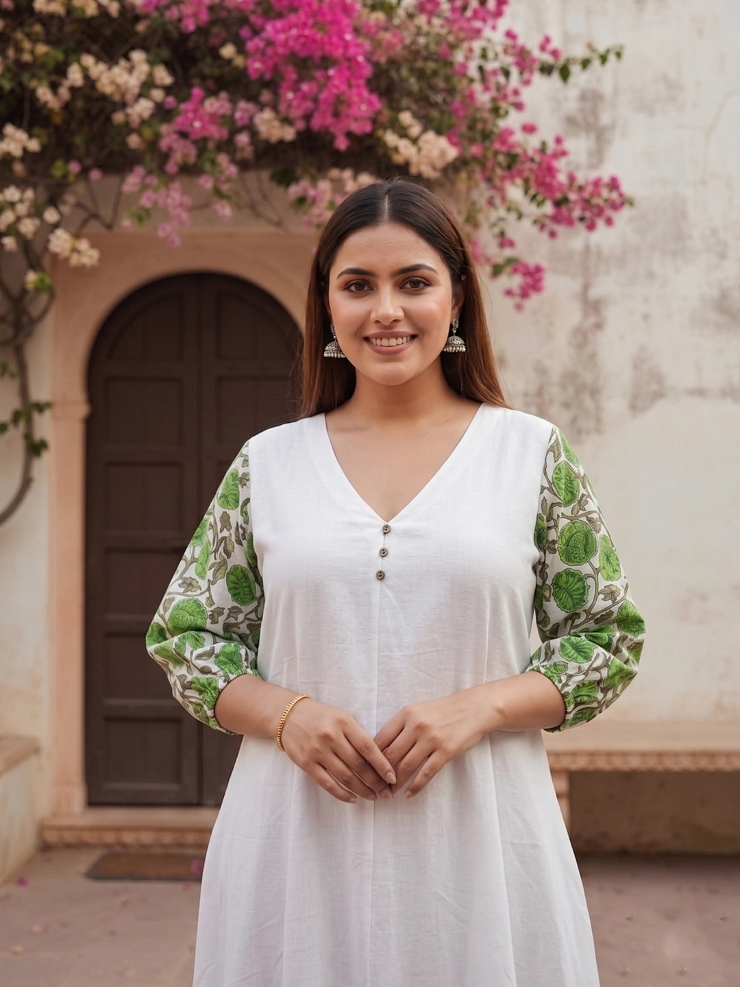A-Line cotton dress with printed sleeves