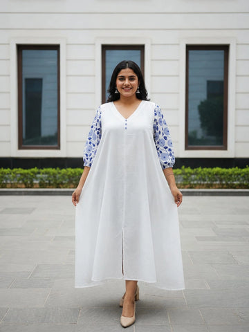A-Line cotton dress with printed sleeves