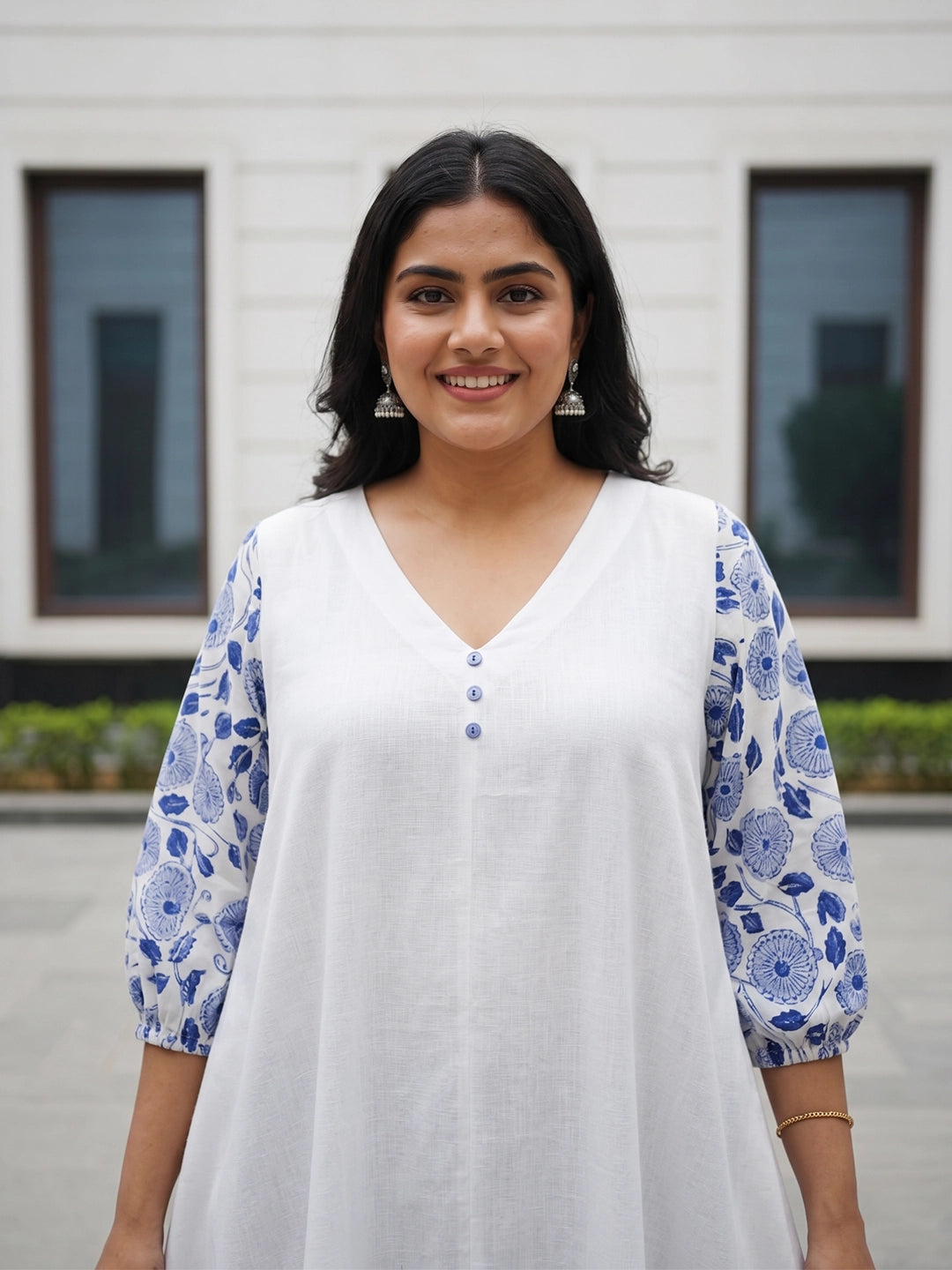 A-Line cotton dress with printed sleeves